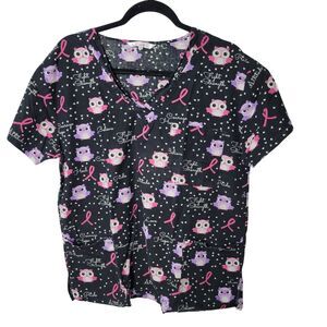 Scrubs Womens Sz L Black Owl Short Sleeve Scrubs Top